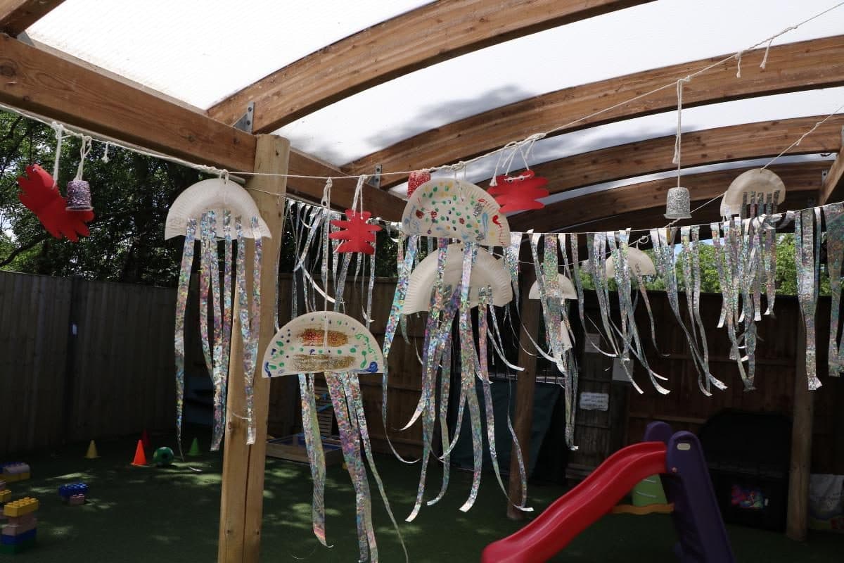 Handmade jellyfish crafts hanging at The House That Jack Built Flackwell Heath