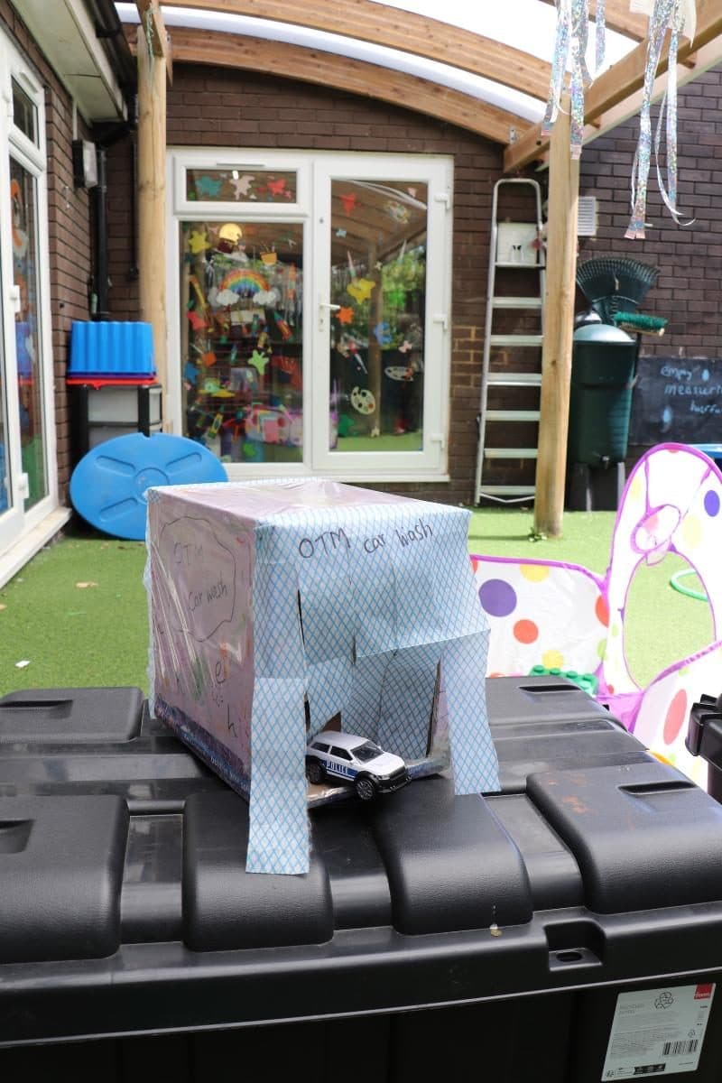 Cardboard car wash craft at The House That Jack Built Flackwell Heath