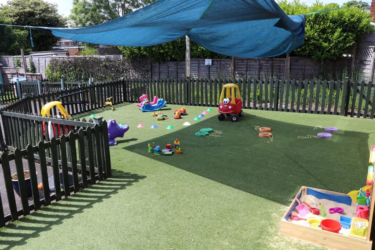 Shaded outdoor play area at The House That Jack Built Hazlemere nursery